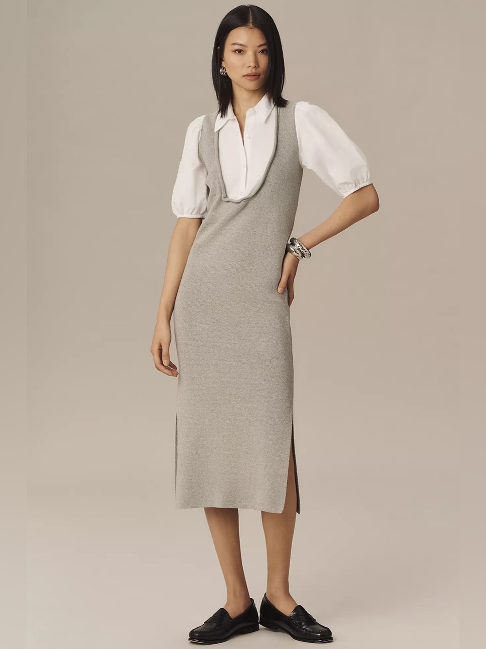 NWT Anthropologie Twofer Tiered Sleeveless Dress XS Grey White Attached Top